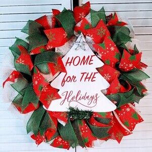 Hand Crafted Burlap Ribbon Wood Sign Home For The Holidays Christmas Wreath 22"